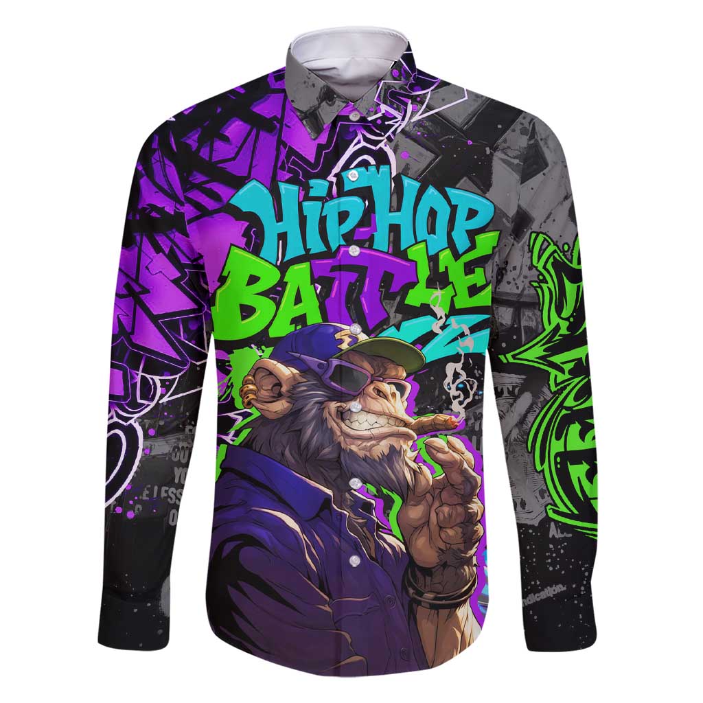 Hip Hop Battle Family Matching Short Sleeve Bodycon Dress and Hawaiian Shirt Smoking Ape Character and Purple Green Graffiti Street Art Design - Wonder Print Shop
