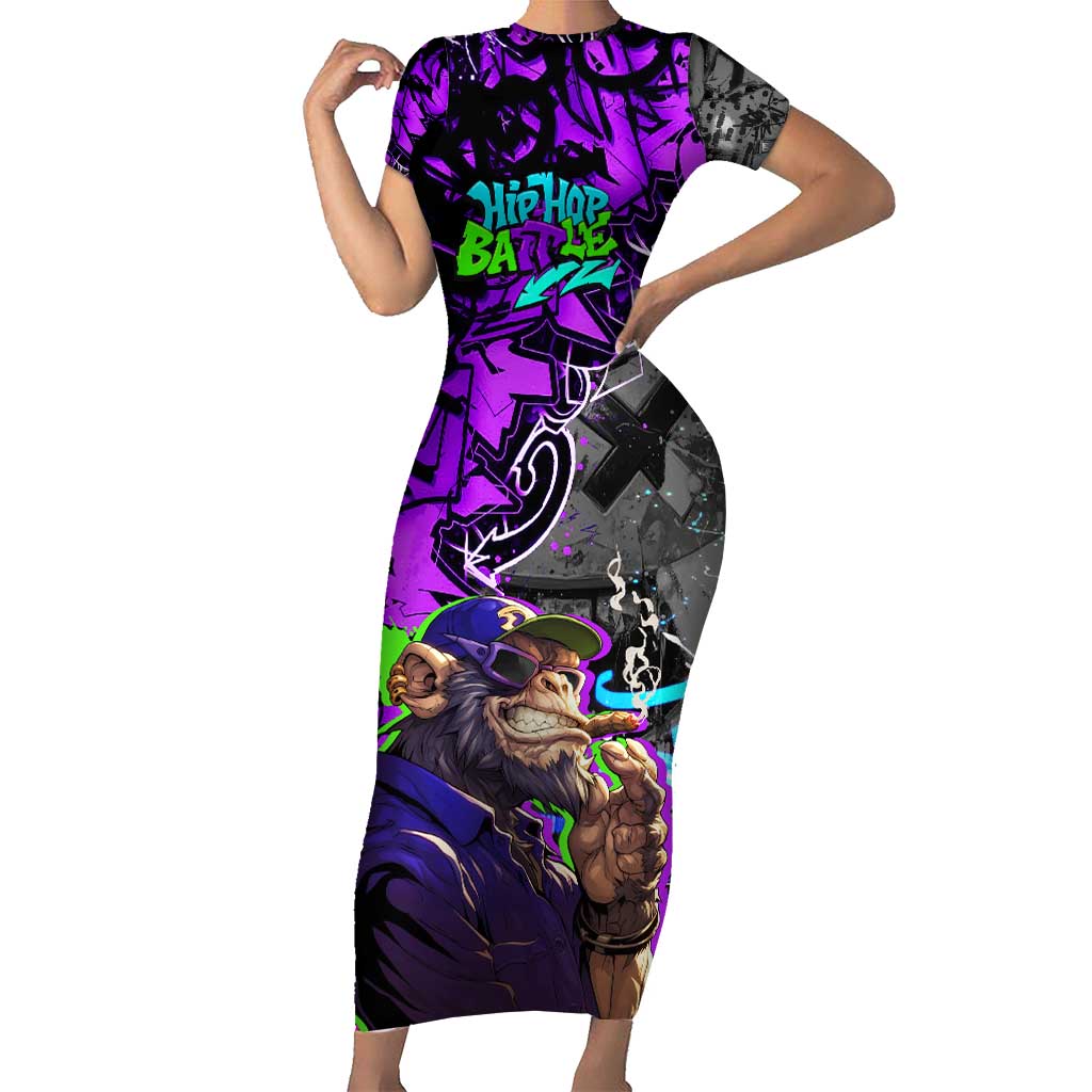 Hip Hop Battle Family Matching Short Sleeve Bodycon Dress and Hawaiian Shirt Smoking Ape Character and Purple Green Graffiti Street Art Design - Wonder Print Shop