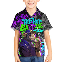 Hip Hop Battle Family Matching Short Sleeve Bodycon Dress and Hawaiian Shirt Smoking Ape Character and Purple Green Graffiti Street Art Design - Wonder Print Shop