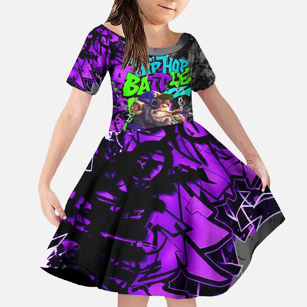 Hip Hop Battle Family Matching Summer Maxi Dress and Hawaiian Shirt Smoking Ape Character and Purple Green Graffiti Street Art Design - Wonder Print Shop
