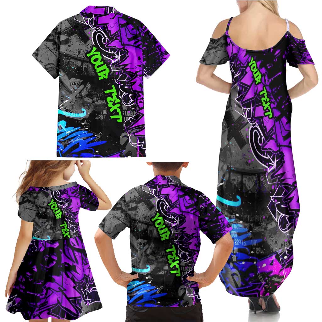Hip Hop Battle Family Matching Summer Maxi Dress and Hawaiian Shirt Smoking Ape Character and Purple Green Graffiti Street Art Design - Wonder Print Shop