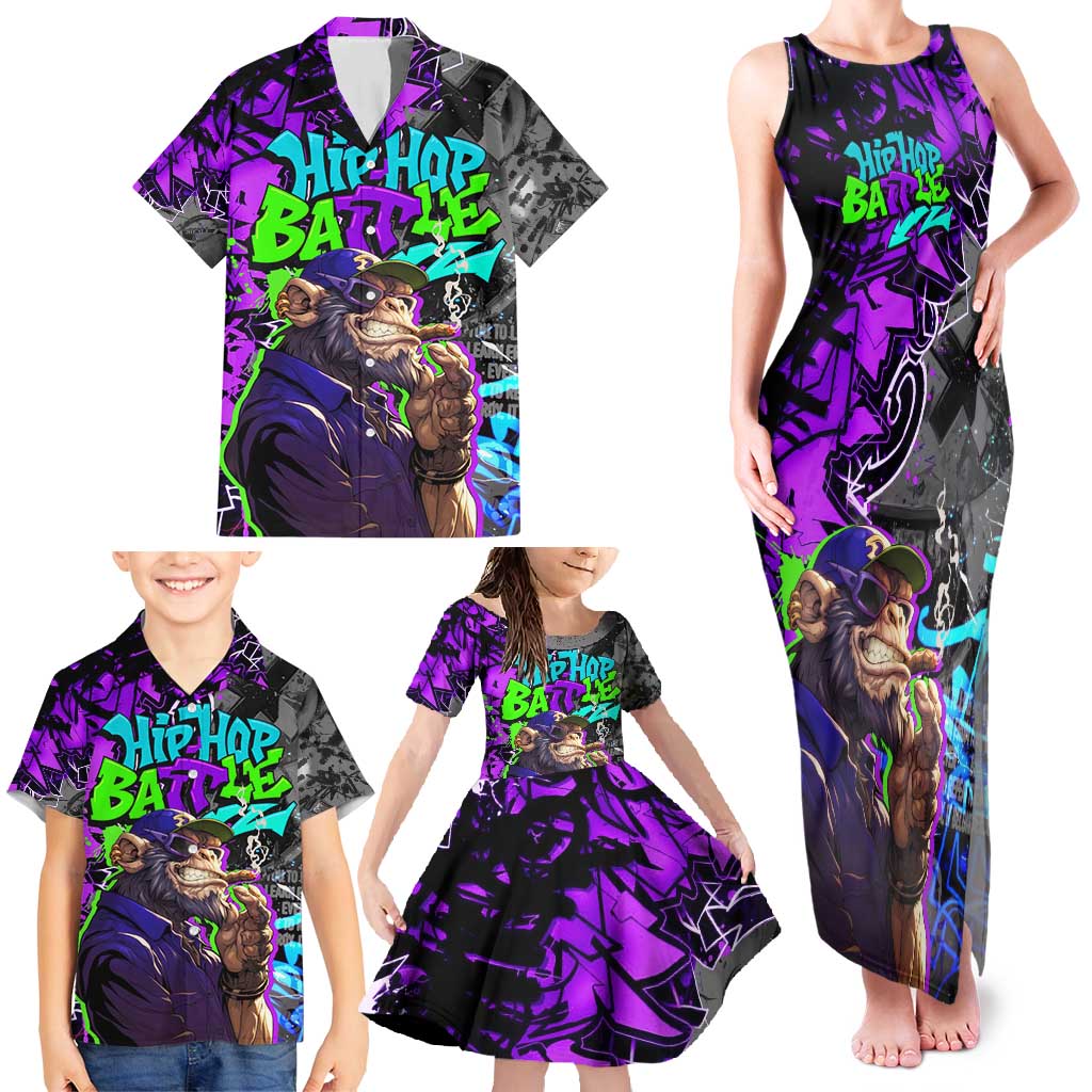 Hip Hop Battle Family Matching Tank Maxi Dress and Hawaiian Shirt Smoking Ape Character and Purple Green Graffiti Street Art Design - Wonder Print Shop