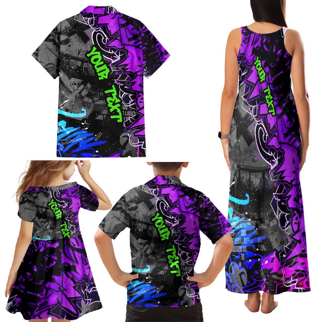 Hip Hop Battle Family Matching Tank Maxi Dress and Hawaiian Shirt Smoking Ape Character and Purple Green Graffiti Street Art Design - Wonder Print Shop