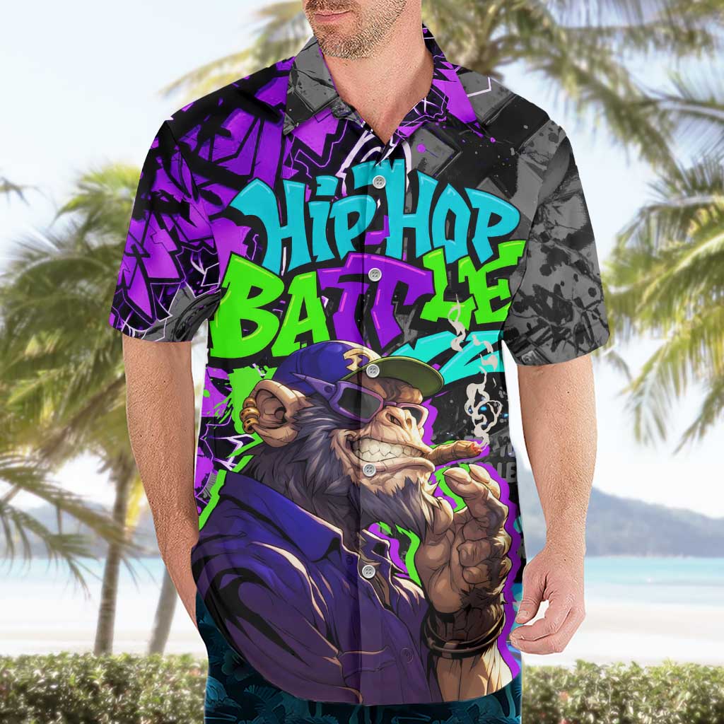 Hip Hop Battle Hawaiian Shirt Smoking Ape Character and Purple Green Graffiti Street Art Design - Wonder Print Shop