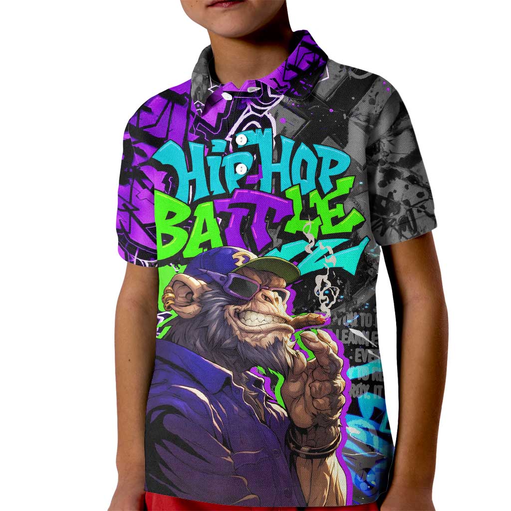 Hip Hop Battle Kid Polo Shirt Smoking Ape Character and Purple Green Graffiti Street Art Design - Wonder Print Shop