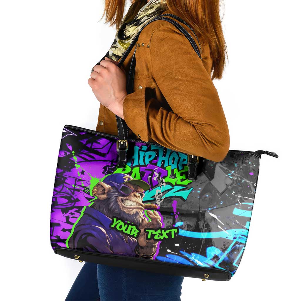 Hip Hop Battle Leather Tote Bag Smoking Ape Character and Purple Green Graffiti Street Art Design - Wonder Print Shop