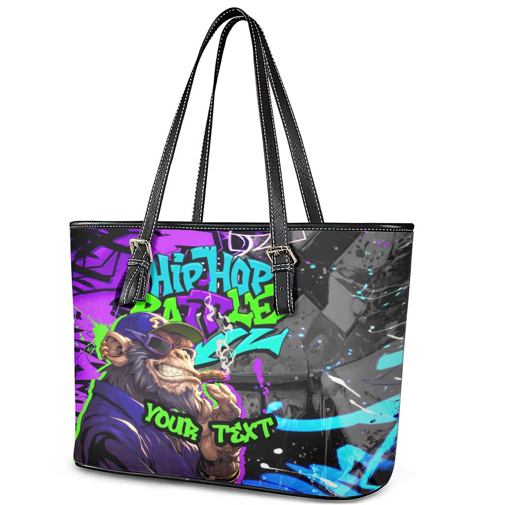 Hip Hop Battle Leather Tote Bag Smoking Ape Character and Purple Green Graffiti Street Art Design - Wonder Print Shop