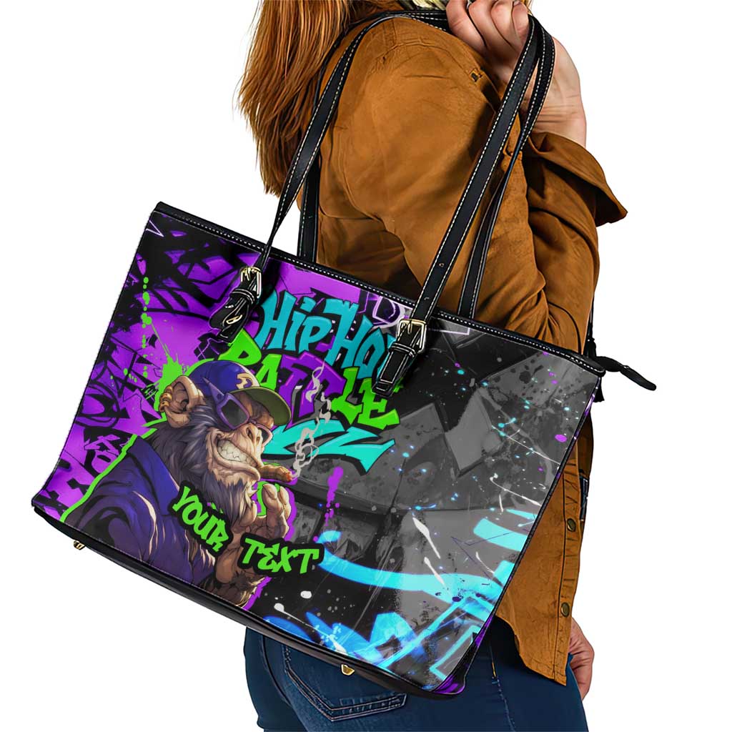 Hip Hop Battle Leather Tote Bag Smoking Ape Character and Purple Green Graffiti Street Art Design - Wonder Print Shop