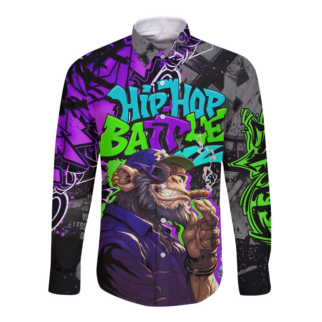 Hip Hop Battle Long Sleeve Button Shirt Smoking Ape Character and Purple Green Graffiti Street Art Design - Wonder Print Shop