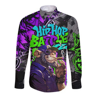 Hip Hop Battle Long Sleeve Button Shirt Smoking Ape Character and Purple Green Graffiti Street Art Design - Wonder Print Shop