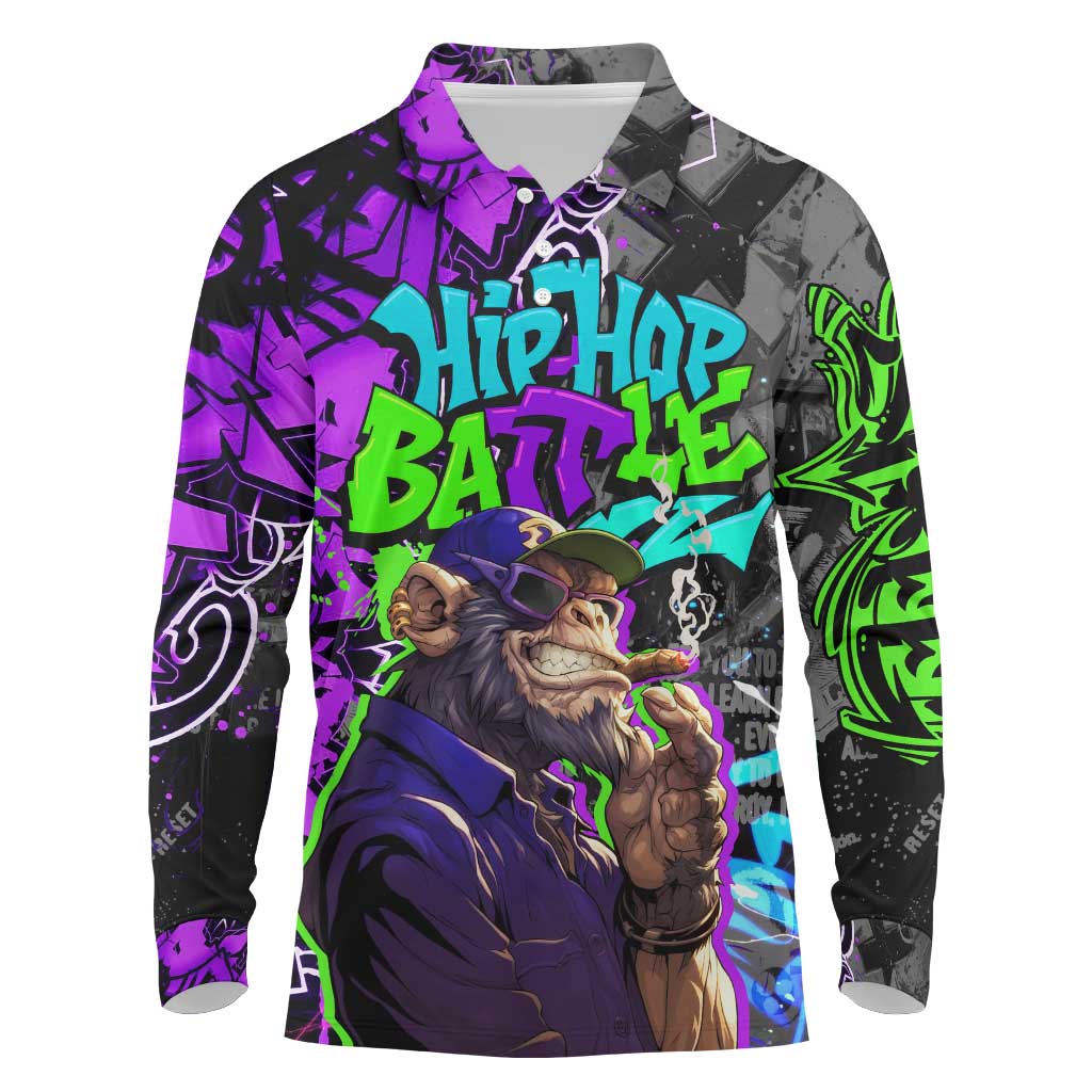Hip Hop Battle Long Sleeve Polo Shirt Smoking Ape Character and Purple Green Graffiti Street Art Design - Wonder Print Shop