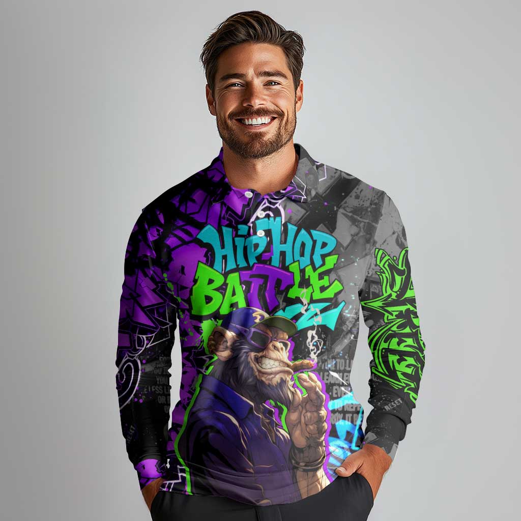 Hip Hop Battle Long Sleeve Polo Shirt Smoking Ape Character and Purple Green Graffiti Street Art Design - Wonder Print Shop