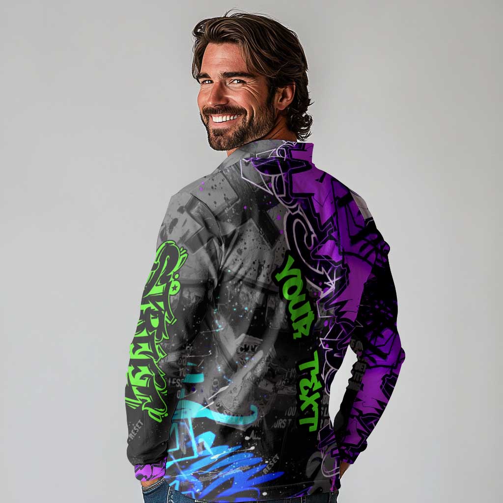 Hip Hop Battle Long Sleeve Polo Shirt Smoking Ape Character and Purple Green Graffiti Street Art Design - Wonder Print Shop