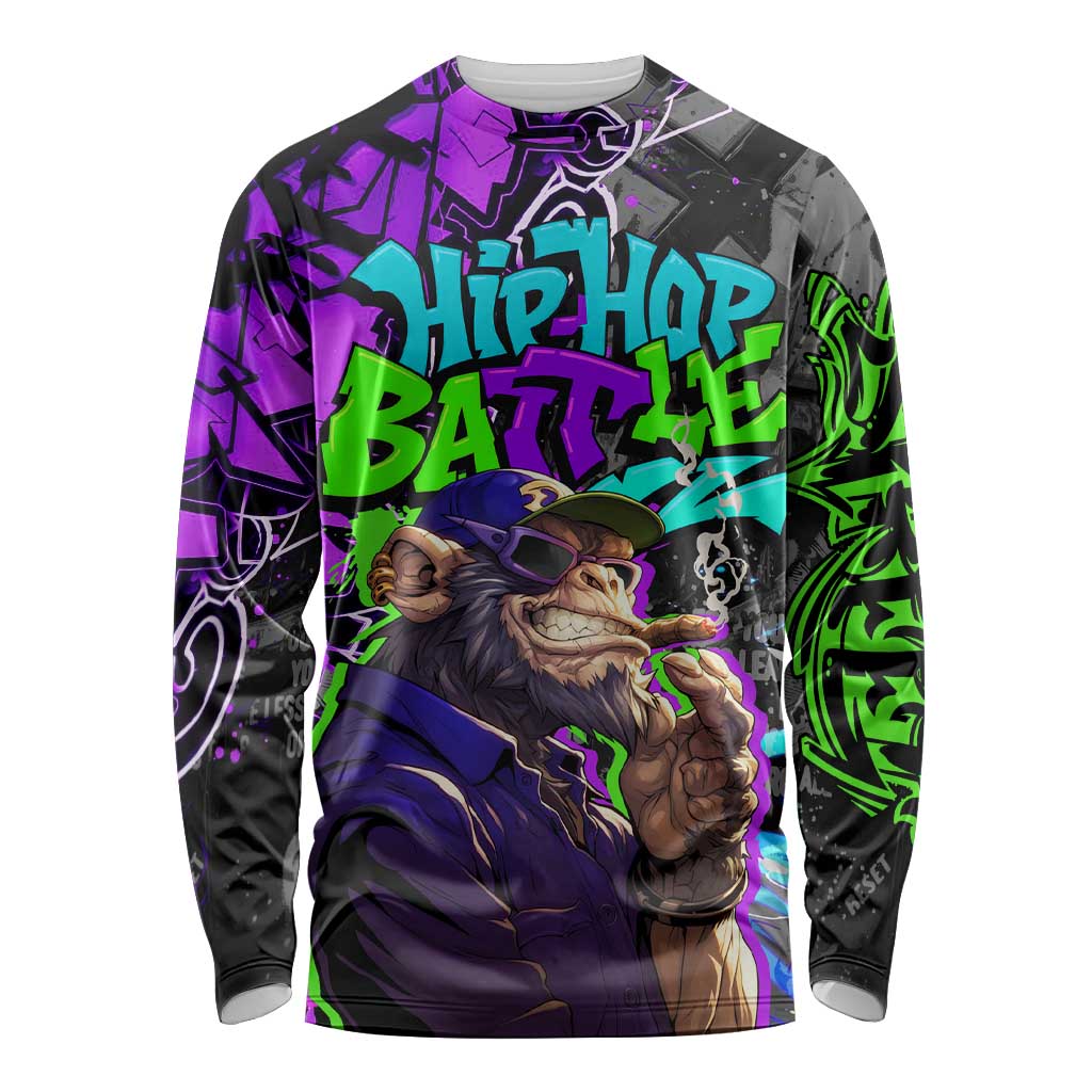 Hip Hop Battle Long Sleeve Shirt Smoking Ape Character and Purple Green Graffiti Street Art Design - Wonder Print Shop