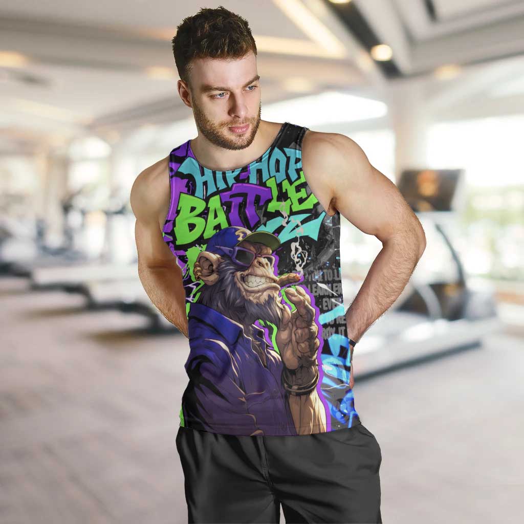 Hip Hop Battle Men Tank Top Smoking Ape Character and Purple Green Graffiti Street Art Design - Wonder Print Shop