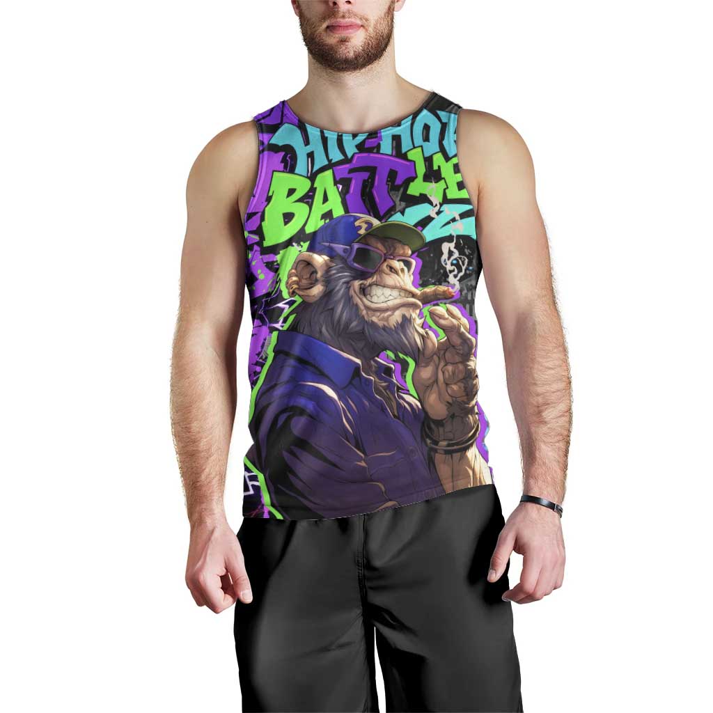 Hip Hop Battle Men Tank Top Smoking Ape Character and Purple Green Graffiti Street Art Design - Wonder Print Shop