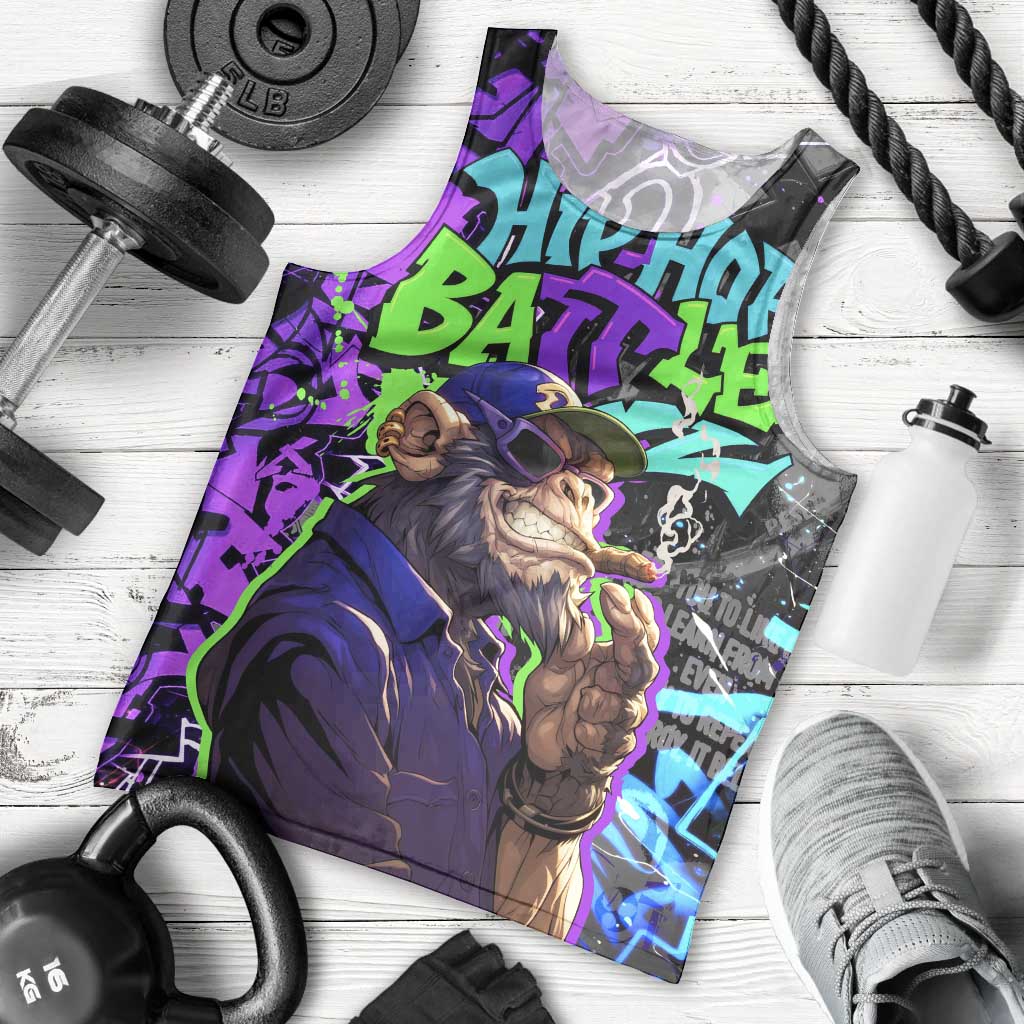 Hip Hop Battle Men Tank Top Smoking Ape Character and Purple Green Graffiti Street Art Design - Wonder Print Shop