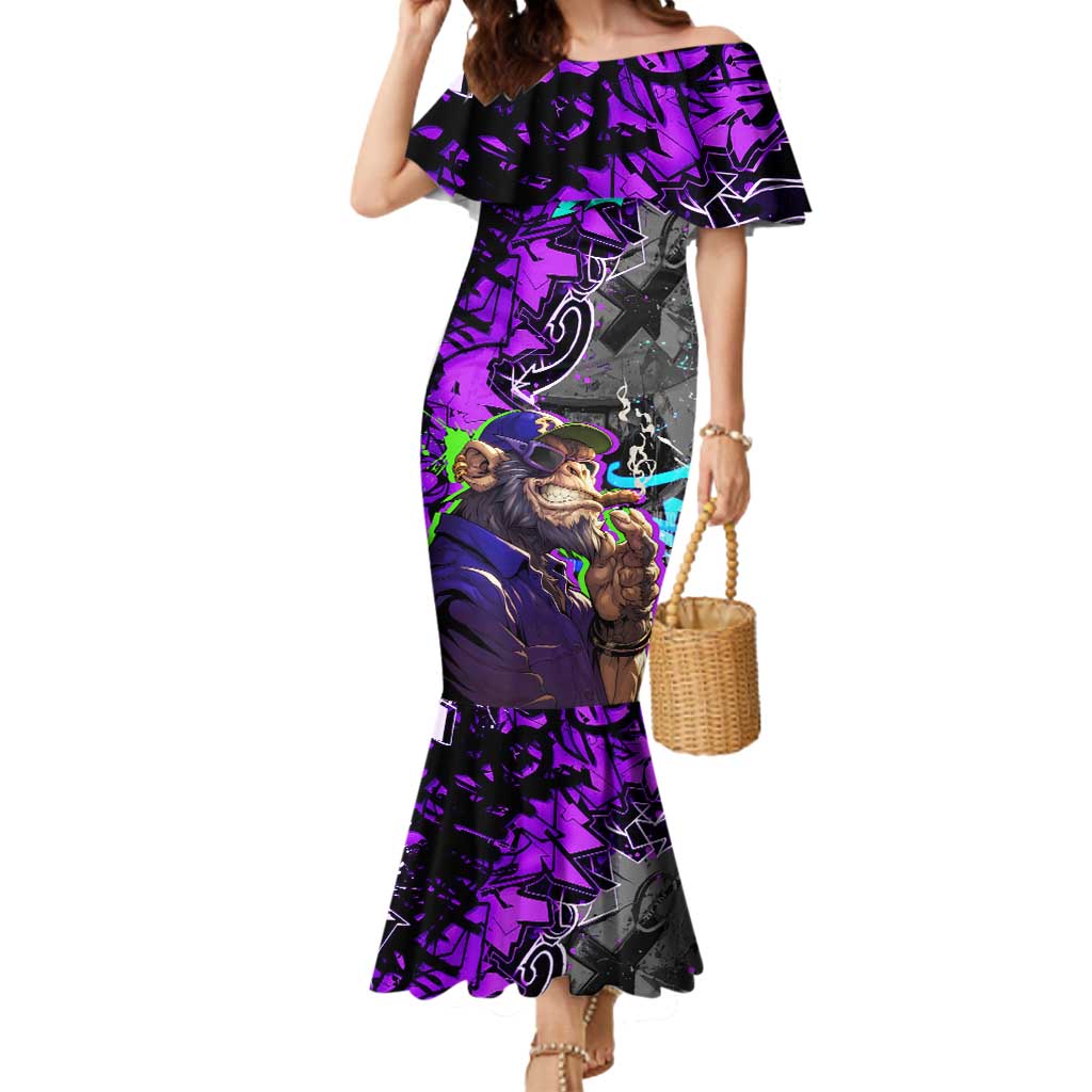 Hip Hop Battle Mermaid Dress Smoking Ape Character and Purple Green Graffiti Street Art Design - Wonder Print Shop
