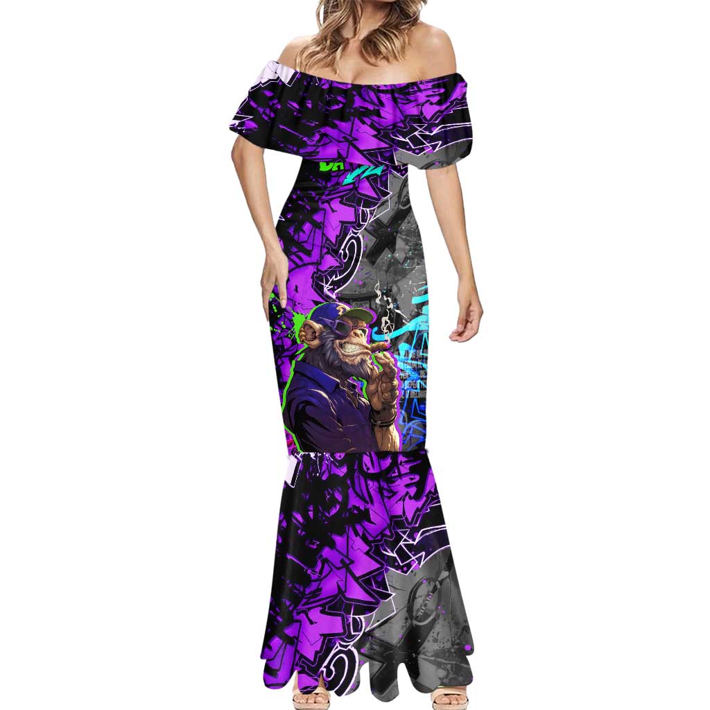 Hip Hop Battle Mermaid Dress Smoking Ape Character and Purple Green Graffiti Street Art Design - Wonder Print Shop