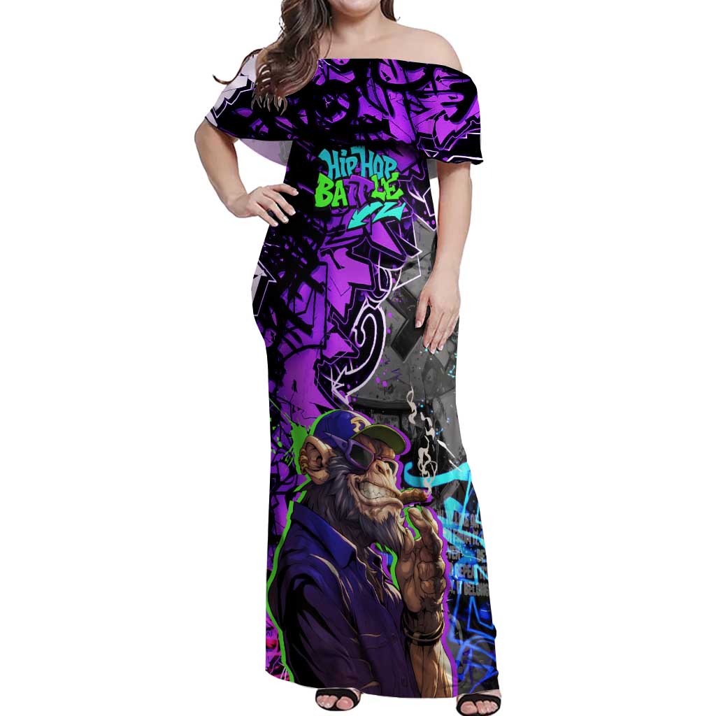 Hip Hop Battle Off Shoulder Maxi Dress Smoking Ape Character and Purple Green Graffiti Street Art Design - Wonder Print Shop