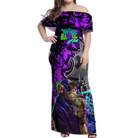 Hip Hop Battle Off Shoulder Maxi Dress Smoking Ape Character and Purple Green Graffiti Street Art Design - Wonder Print Shop