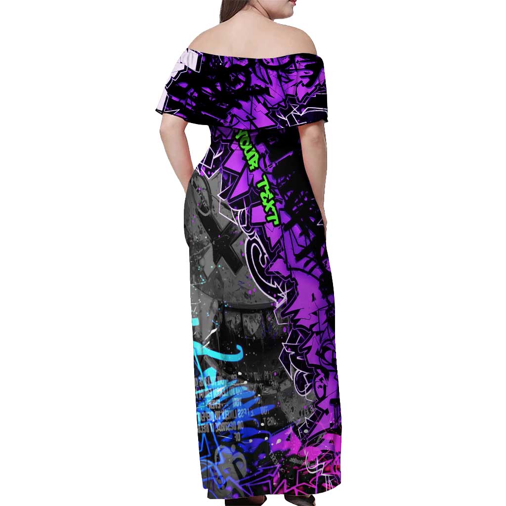 Hip Hop Battle Off Shoulder Maxi Dress Smoking Ape Character and Purple Green Graffiti Street Art Design - Wonder Print Shop