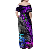 Hip Hop Battle Off Shoulder Maxi Dress Smoking Ape Character and Purple Green Graffiti Street Art Design - Wonder Print Shop