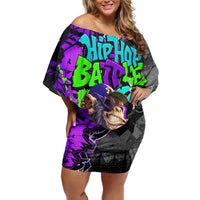 Hip Hop Battle Off Shoulder Short Dress Smoking Ape Character and Purple Green Graffiti Street Art Design - Wonder Print Shop