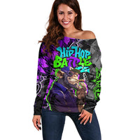 Hip Hop Battle Off Shoulder Sweater Smoking Ape Character and Purple Green Graffiti Street Art Design - Wonder Print Shop