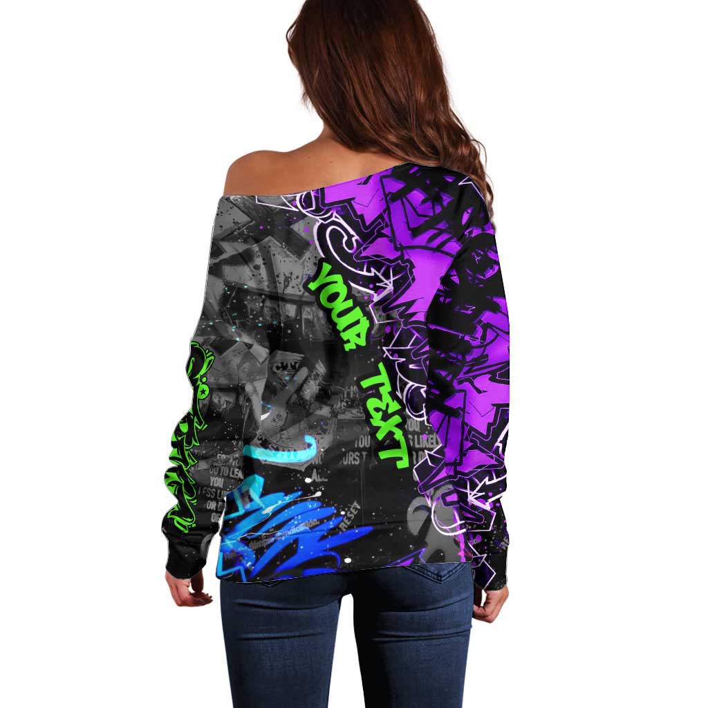 Hip Hop Battle Off Shoulder Sweater Smoking Ape Character and Purple Green Graffiti Street Art Design - Wonder Print Shop