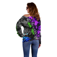 Hip Hop Battle Off Shoulder Sweater Smoking Ape Character and Purple Green Graffiti Street Art Design - Wonder Print Shop