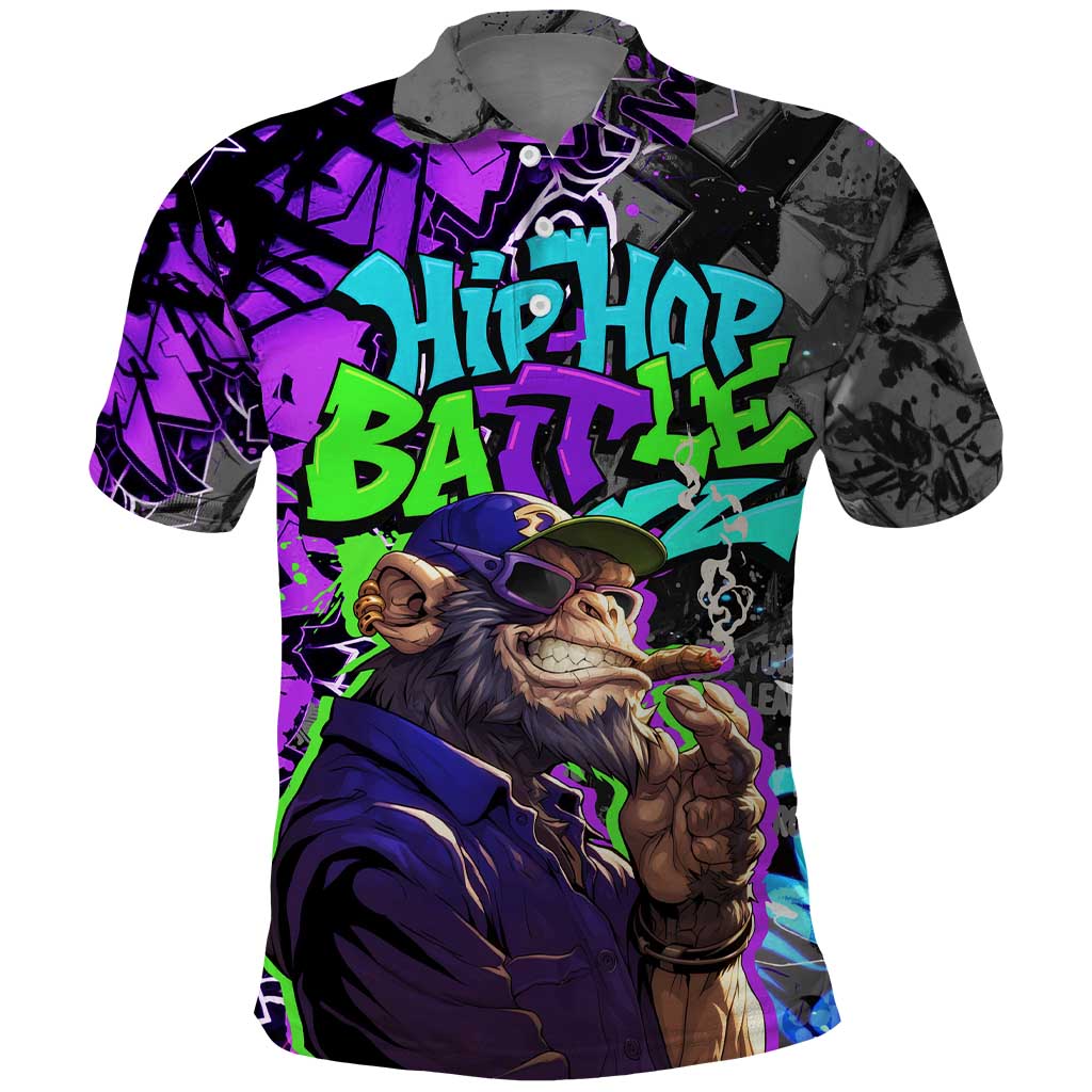 Hip Hop Battle Polo Shirt Smoking Ape Character and Purple Green Graffiti Street Art Design - Wonder Print Shop
