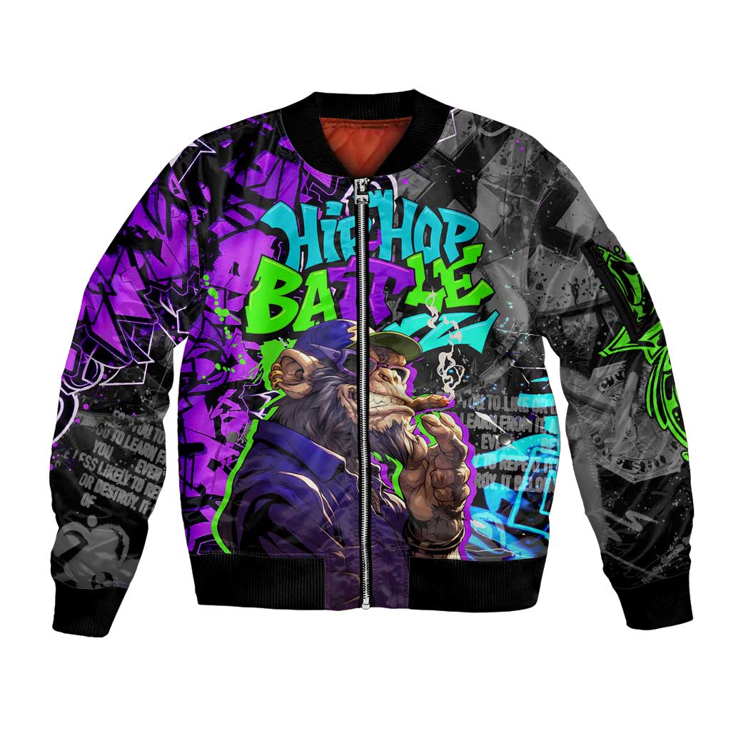 Hip Hop Battle Sleeve Zip Bomber Jacket Smoking Ape Character and Purple Green Graffiti Street Art Design - Wonder Print Shop