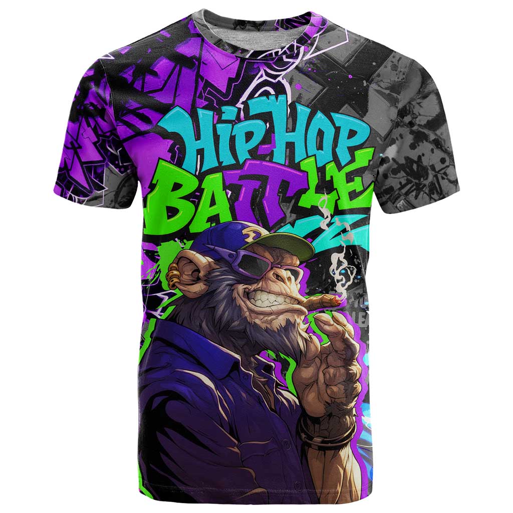 Hip Hop Battle T Shirt Smoking Ape Character and Purple Green Graffiti Street Art Design - Wonder Print Shop