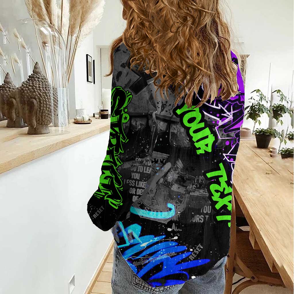 Hip Hop Battle Women Casual Shirt Smoking Ape Character and Purple Green Graffiti Street Art Design - Wonder Print Shop