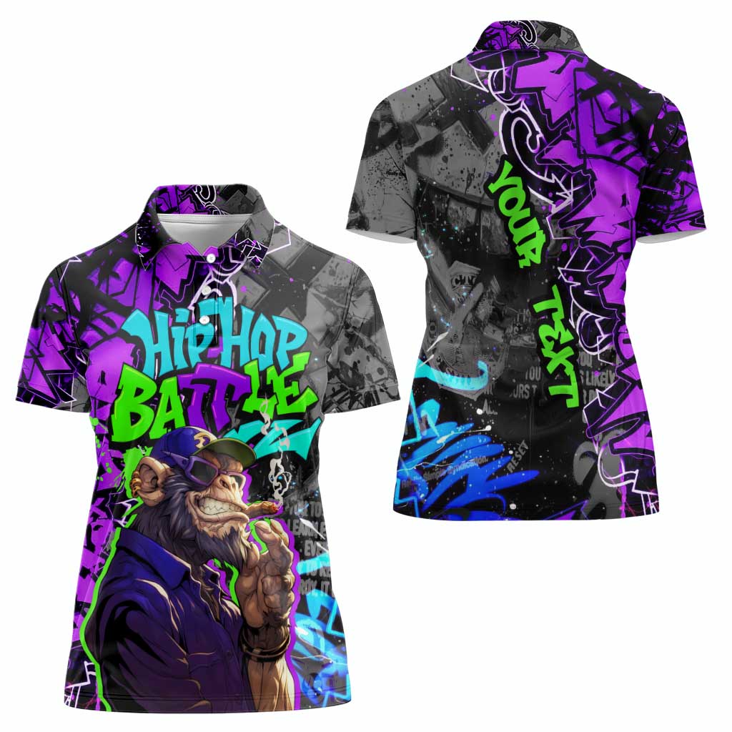 Hip Hop Battle Women Polo Shirt Smoking Ape Character and Purple Green Graffiti Street Art Design - Wonder Print Shop
