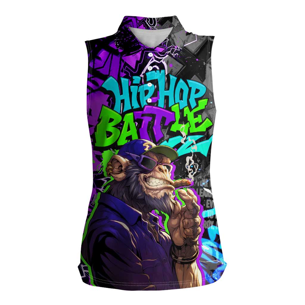 Hip Hop Battle Women Sleeveless Polo Shirt Smoking Ape Character and Purple Green Graffiti Street Art Design - Wonder Print Shop