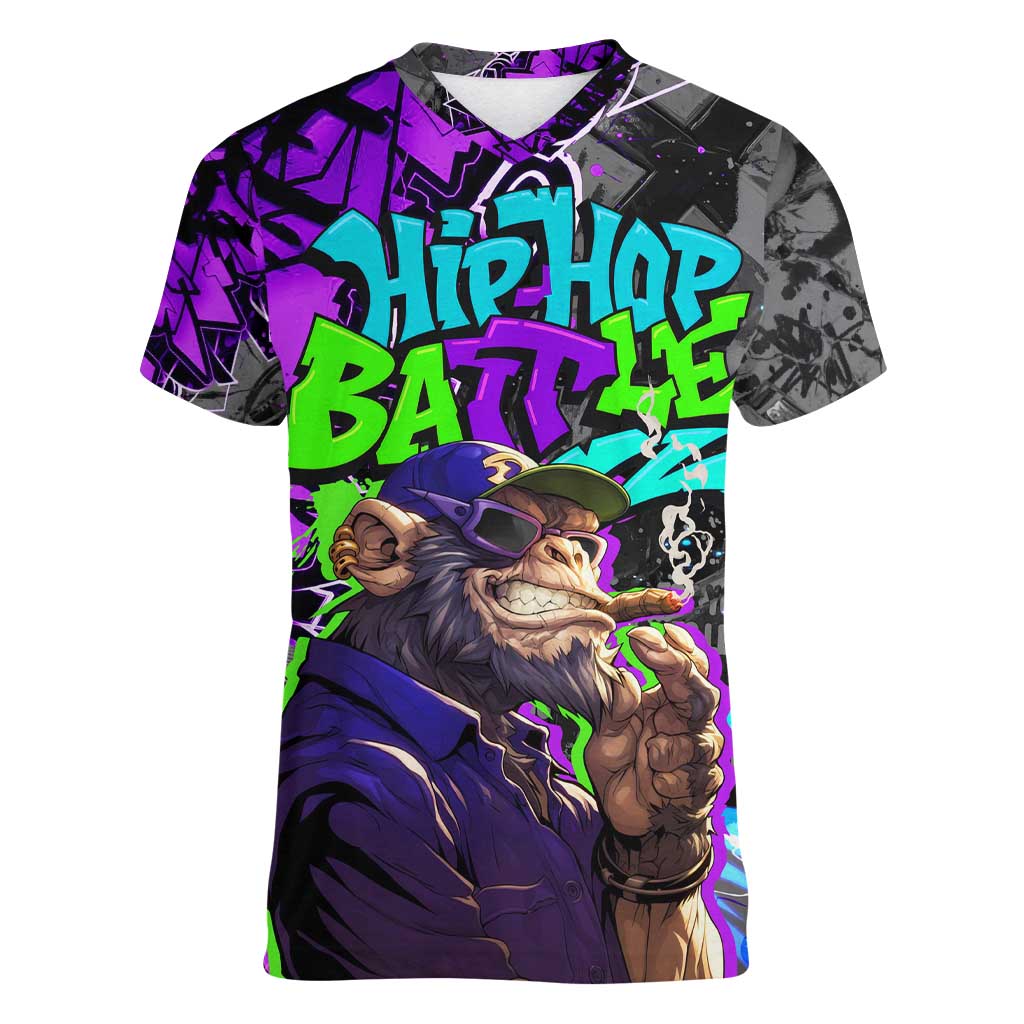 Hip Hop Battle Women V-Neck T-Shirt Smoking Ape Character and Purple Green Graffiti Street Art Design - Wonder Print Shop