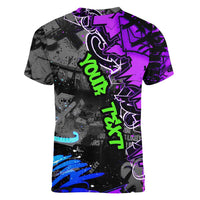 Hip Hop Battle Women V-Neck T-Shirt Smoking Ape Character and Purple Green Graffiti Street Art Design - Wonder Print Shop