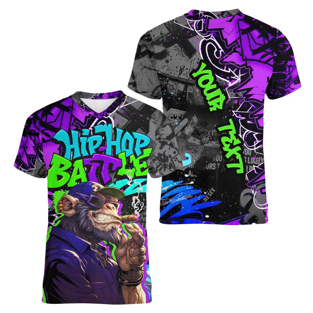 Hip Hop Battle Women V-Neck T-Shirt Smoking Ape Character and Purple Green Graffiti Street Art Design - Wonder Print Shop