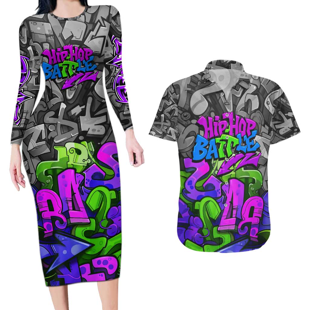 Hip Hop Battle Couples Matching Long Sleeve Bodycon Dress and Hawaiian Shirt Spray Can Kid Character and Colorful Graffiti Street Art Design - Wonder Print Shop