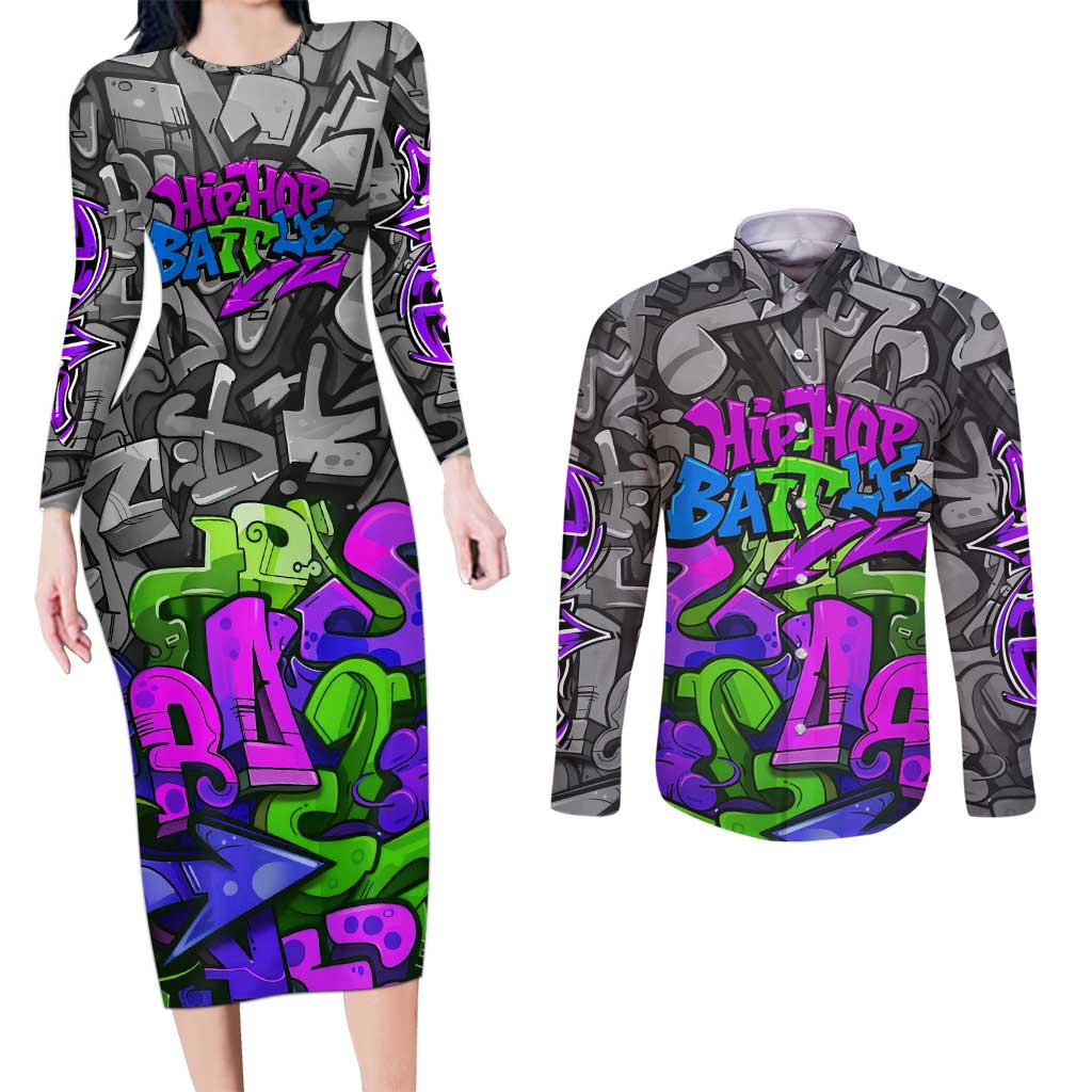 Hip Hop Battle Couples Matching Long Sleeve Bodycon Dress and Long Sleeve Button Shirt Spray Can Kid Character and Colorful Graffiti Street Art Design - Wonder Print Shop