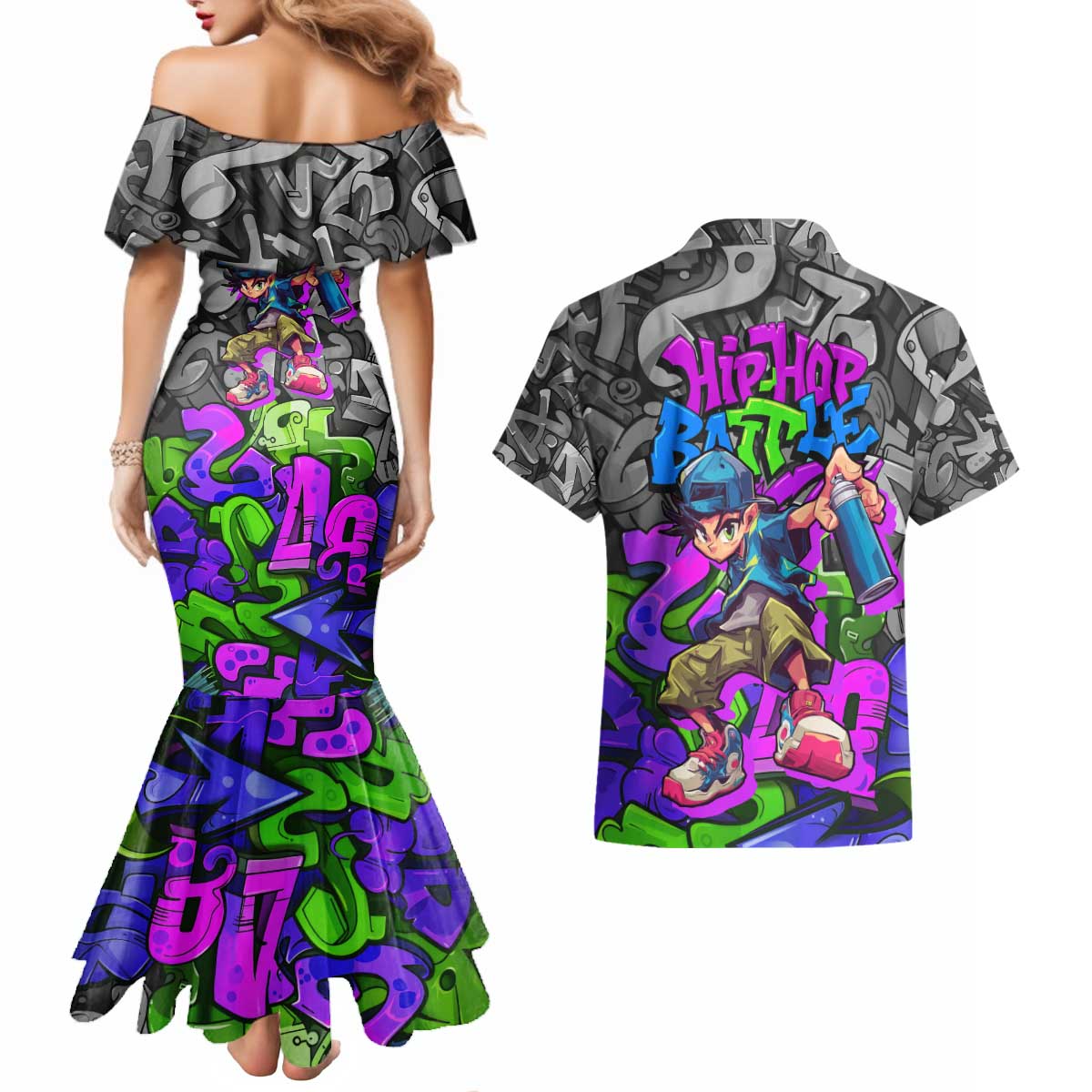 Hip Hop Battle Couples Matching Mermaid Dress and Hawaiian Shirt Spray Can Kid Character and Colorful Graffiti Street Art Design - Wonder Print Shop