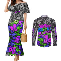 Hip Hop Battle Couples Matching Mermaid Dress and Long Sleeve Button Shirt Spray Can Kid Character and Colorful Graffiti Street Art Design - Wonder Print Shop