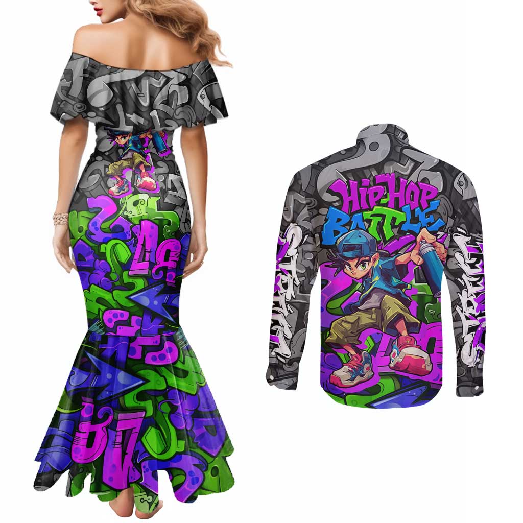 Hip Hop Battle Couples Matching Mermaid Dress and Long Sleeve Button Shirt Spray Can Kid Character and Colorful Graffiti Street Art Design - Wonder Print Shop