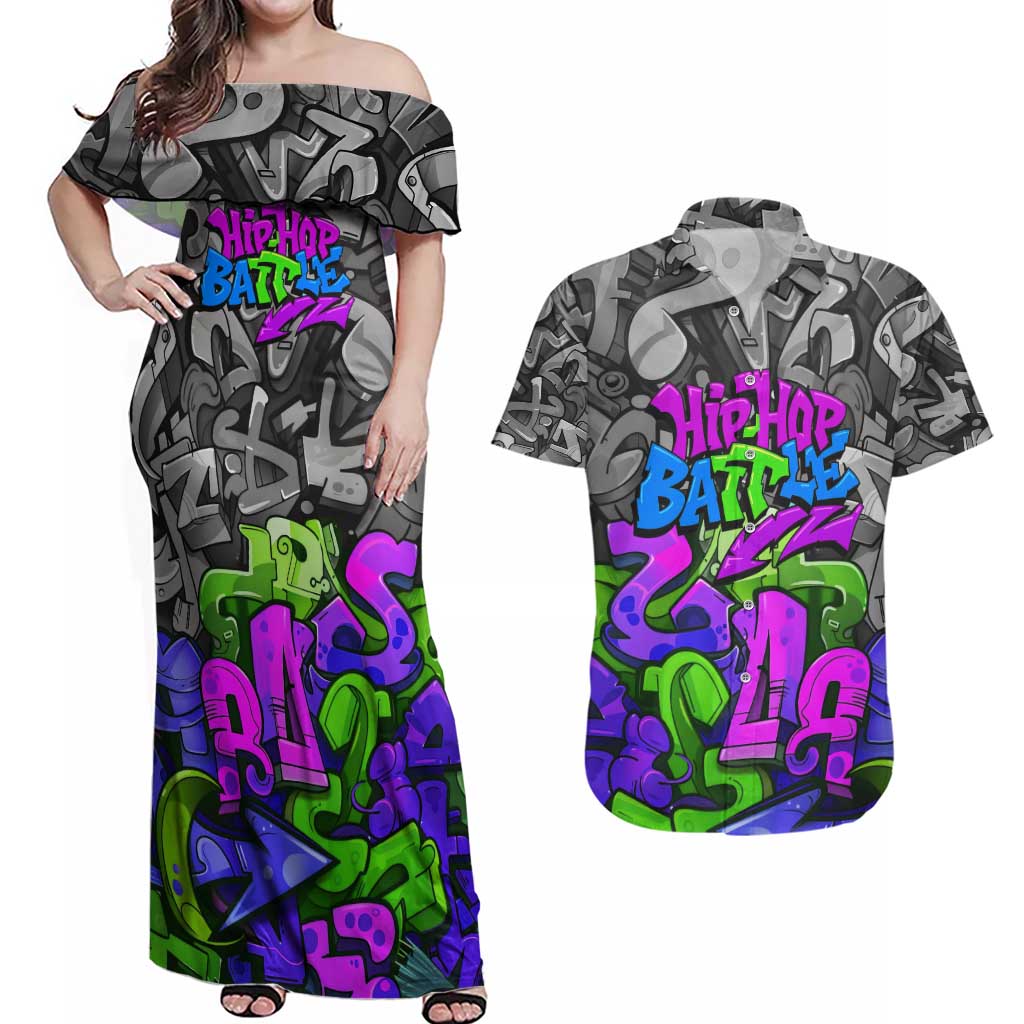 Hip Hop Battle Couples Matching Off Shoulder Maxi Dress and Hawaiian Shirt Spray Can Kid Character and Colorful Graffiti Street Art Design - Wonder Print Shop