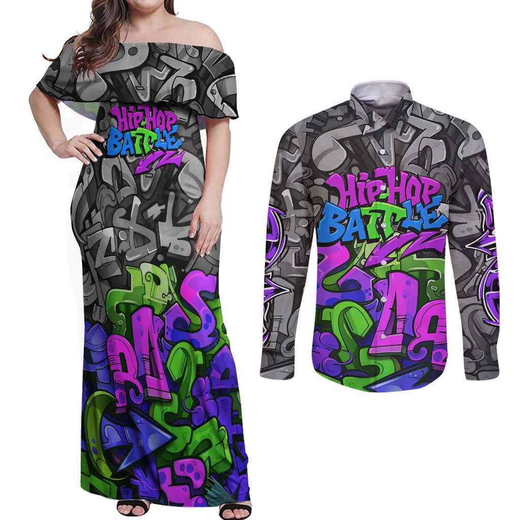 Hip Hop Battle Couples Matching Off Shoulder Maxi Dress and Long Sleeve Button Shirt Spray Can Kid Character and Colorful Graffiti Street Art Design - Wonder Print Shop
