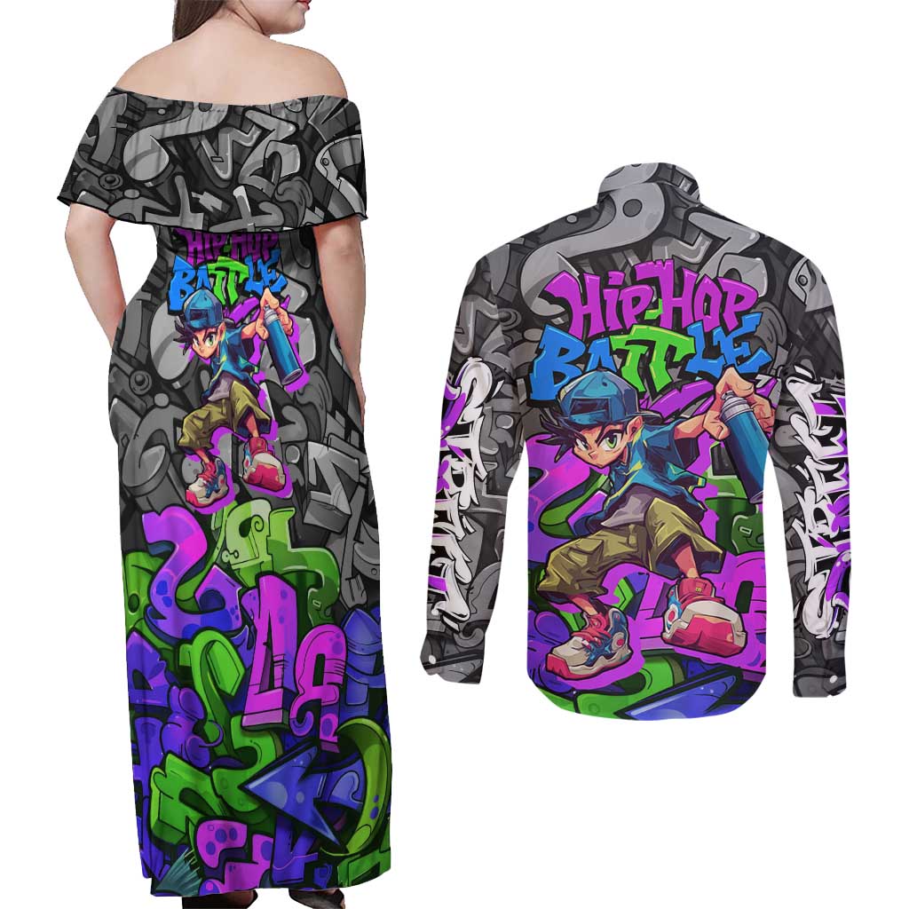 Hip Hop Battle Couples Matching Off Shoulder Maxi Dress and Long Sleeve Button Shirt Spray Can Kid Character and Colorful Graffiti Street Art Design - Wonder Print Shop