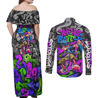 Hip Hop Battle Couples Matching Off Shoulder Maxi Dress and Long Sleeve Button Shirt Spray Can Kid Character and Colorful Graffiti Street Art Design - Wonder Print Shop