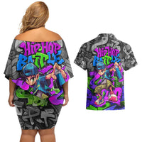 Hip Hop Battle Couples Matching Off Shoulder Short Dress and Hawaiian Shirt Spray Can Kid Character and Colorful Graffiti Street Art Design - Wonder Print Shop